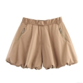 Women's Fashion Khaki Balloon Shorts High Waist Elastic Puff Hot Pants With Metal Zipper Pockets Loose 100% Polyester Short Trousers For Summer Vacation Sweet Girl Style Clothing