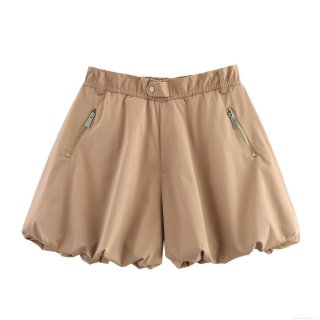 Women's Fashion Khaki Balloon Shorts High Waist Elastic Puff Hot Pants With Metal Zipper Pockets Loose 100% Polyester Short Trousers For Summer Vacation Sweet Girl Style Clothing