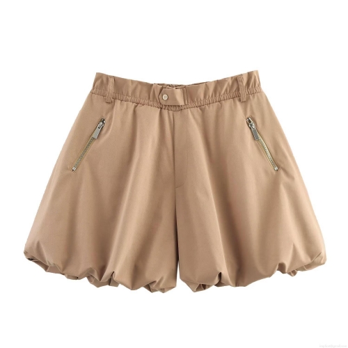 Women's Fashion Khaki Balloon Shorts High Waist Elastic Puff Hot Pants With Metal Zipper Pockets Loose 100% Polyester Short Trousers For Summer Vacation Sweet Girl Style Clothing
