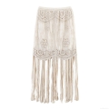 Bohemian Hollow Out Crocheted Tassel Beach Skirt Beige Knit Sarong Midi Skirt For Women Summer Vacation Resort Wear Bodycon Skirt