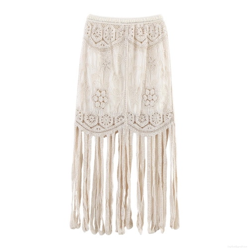 Bohemian Hollow Out Crocheted Tassel Beach Skirt Beige Knit Sarong Midi Skirt For Women Summer Vacation Resort Wear Bodycon Skirt