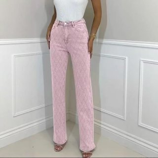 Women Y2K Pink Rhinestone Straight Leg Pants Diamond Lattice Pattern Mid Waist Casual Trousers Streetwear Polyester Trousers With Water Diamond Decoration For Women