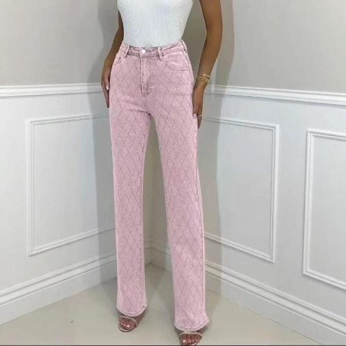 Women Y2K Pink Rhinestone Straight Leg Pants Diamond Lattice Pattern Mid Waist Casual Trousers Streetwear Polyester Trousers With Water Diamond Decoration For Women