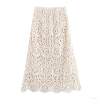 Women's Bohemian Crochet Maxi Skirt Hollow Out Geometric Knit Scalloped Hem Beach Holiday Long Skirt With Lining Casual Summer Vacation Skirt