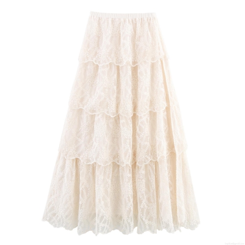Women's Lace Tiered Maxi Skirt Elegant Bohemian A-Line Embroidery Mesh Cake Skirt High Waist Elastic Long Skirt For Wedding Vacation