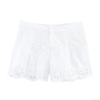 French Pastoral Style Hollow Out Embroidery Women Shorts Scalloped Edge White Lace Polyester Shorts Floral Mid Waist Hot Pants For Women Summer Sweet Style
