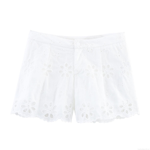 French Pastoral Style Hollow Out Embroidery Women Shorts Scalloped Edge White Lace Polyester Shorts Floral Mid Waist Hot Pants For Women Summer Sweet Style