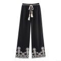 Women's Casual Straight Leg Pants With Hollow Out Embroidery Bohemian Holiday Style Wide Leg Trousers With Elastic Waist Drawstring Wooden Beads Tassels For Summer Vacation
