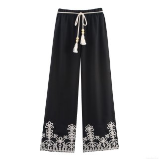 Women's Casual Straight Leg Pants With Hollow Out Embroidery Bohemian Holiday Style Wide Leg Trousers With Elastic Waist Drawstring Wooden Beads Tassels For Summer Vacation