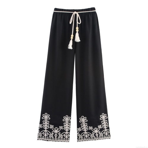 Women's Casual Straight Leg Pants With Hollow Out Embroidery Bohemian Holiday Style Wide Leg Trousers With Elastic Waist Drawstring Wooden Beads Tassels For Summer Vacation