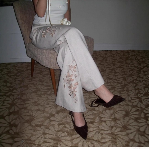 Women's Hollow Out Embroidery Flare Pants Elegant Low Waist Polyester Trousers Casual Chic Full Length Pants For Lady Office Party