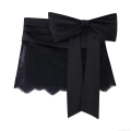 Women's Sexy Black Satin Patchwork Lace Mini Skirt Elegant Large Bow High Waist Ruffle Party Clubwear Short Skirt For Ladies Evening Date Night Out