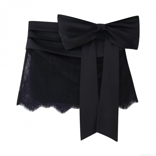 Women's Sexy Black Satin Patchwork Lace Mini Skirt Elegant Large Bow High Waist Ruffle Party Clubwear Short Skirt For Ladies Evening Date Night Out