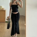 Women Sexy Black Maxi Skirt Polyester Spandex Ruffle Slit Low Waist Bodycon Tie-Up Long Skirt For Party Club Summer Elegant Y2K Style Bottom