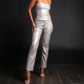 Women's Silver Metallic Straight Leg Pants High Elastic Faux Leather PU Coated Trousers Streetwear Casual Ankle Length Trousers For Women