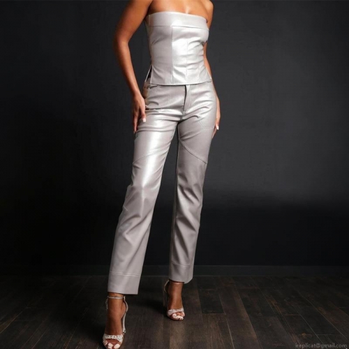 Women's Silver Metallic Straight Leg Pants High Elastic Faux Leather PU Coated Trousers Streetwear Casual Ankle Length Trousers For Women