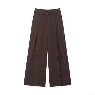 Women High Waisted Wide Leg Trousers 100% Polyester Pleated Casual Pants With Gold Buckle Belt Fall Fashion Solid Color Long Slacks For Office Lady
