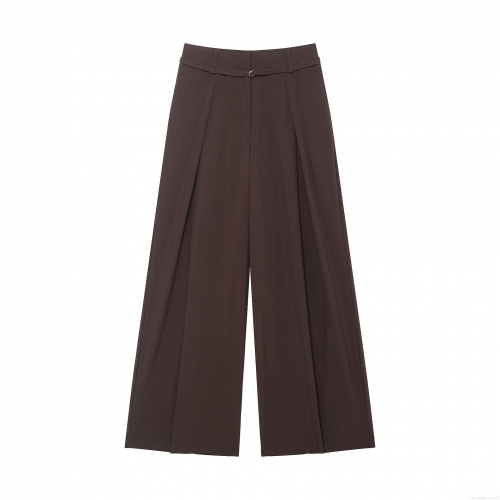 Women High Waisted Wide Leg Trousers 100% Polyester Pleated Casual Pants With Gold Buckle Belt Fall Fashion Solid Color Long Slacks For Office Lady