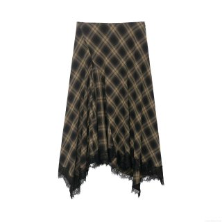 Women's Plaid A-line Mid-length Skirt With Black Lace Hem Asymmetric Stitching Streetwear Fashion High Waist Casual Daily Skirt For Women