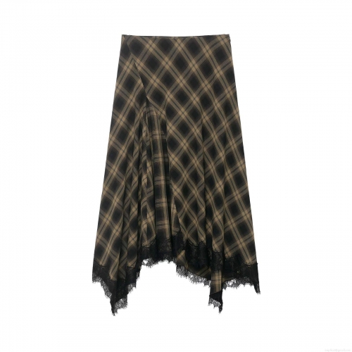 Women's Plaid A-line Mid-length Skirt With Black Lace Hem Asymmetric Stitching Streetwear Fashion High Waist Casual Daily Skirt For Women