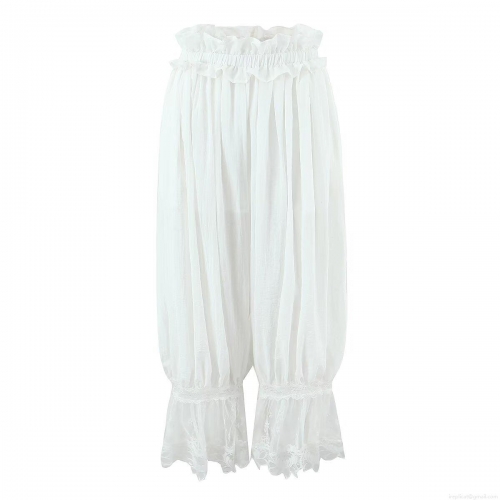 Women's White Lace Patchwork Lantern Pants Rayon Nylon Blend Elastic High Waist Ruffle Loose Casual Trousers For Vacation Streetwear