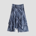 Women's Asymmetric Plaid Midi Skirt High Waist Ruched Blue Checkered Irregular Handkerchief Hem Chiffon Feel Skirt For Streetwear Party Chic Style