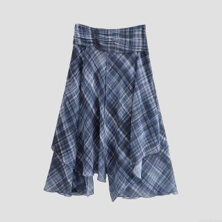 Women's Asymmetric Plaid Midi Skirt High Waist Ruched Blue Checkered Irregular Handkerchief Hem Chiffon Feel Skirt For Streetwear Party Chic Style
