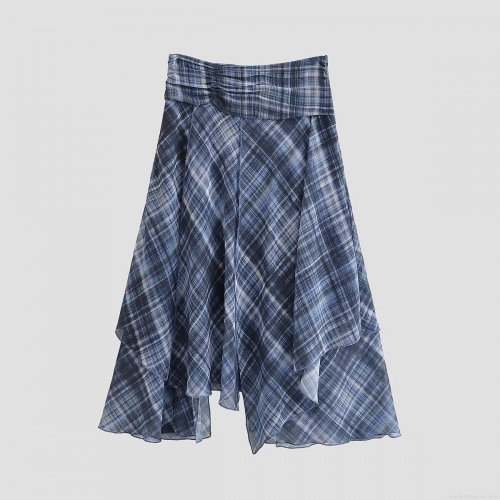 Women's Asymmetric Plaid Midi Skirt High Waist Ruched Blue Checkered Irregular Handkerchief Hem Chiffon Feel Skirt For Streetwear Party Chic Style