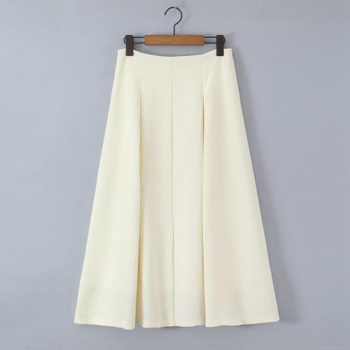 Women European Style A-Line Midi Skirt High Waisted Solid Color Textured Polyester Long Skirt Elegant Loose Casual Streetwear Skirt