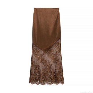 Women's Elegant Brown Satin Splicing Floral Lace Midi Skirt With Side Slit Streetwear Sexy Straight Skirts For Party Dating