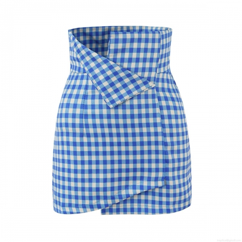 Women's High Waisted Gingham Mini Skirt Blue White Check Asymmetric A-Line Skirt Polyester Streetwear Casual Short Skirt for Women Summer