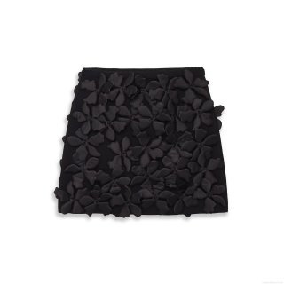Women's 3D Flower Decoration Knitted Mini Skirt Elegant Black Satin Floral Applique A-Line Short Skirt for Party Streetwear Clubwear