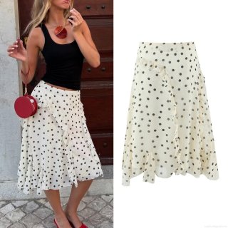 Women's Elegant Polka Dot Ruffle Skirt High Waist Irregular Hem Mid-Length Polyester Flowy Summer Skirt European Street Style Casual Bottoms for Ladies