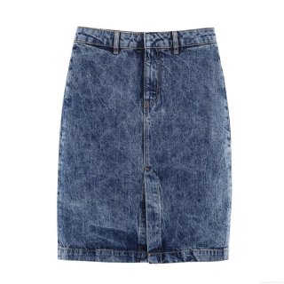 Women's Fashion High Waist Denim Midi Skirt Summer Casual A-Line Snow Wash Jean Skirt With Front Split Patchwork Streetwear Style