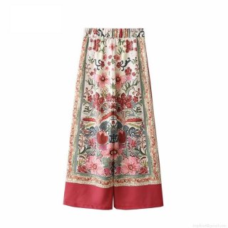 Women's Vintage Bohemian Floral Print Wide Leg Pants High Waisted Elastic Drawstring Cotton Blend Loose Straight Trousers For Summer Vacation Beach