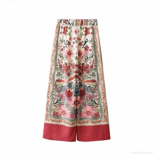 Women's Vintage Bohemian Floral Print Wide Leg Pants High Waisted Elastic Drawstring Cotton Blend Loose Straight Trousers For Summer Vacation Beach