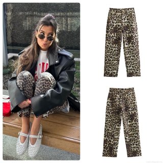 Women's Leopard Print Straight Leg Pants High Waist Polyester Streetwear Casual Long Trousers for Summer Spring Fashion Female Bottoms