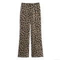 Women's High Waist Leopard Print Straight Leg Pants Casual 100% Polyester Thin Woven Long Trousers Streetwear Fashion For Summer Lady