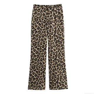 Women's High Waist Leopard Print Straight Leg Pants Casual 100% Polyester Thin Woven Long Trousers Streetwear Fashion For Summer Lady