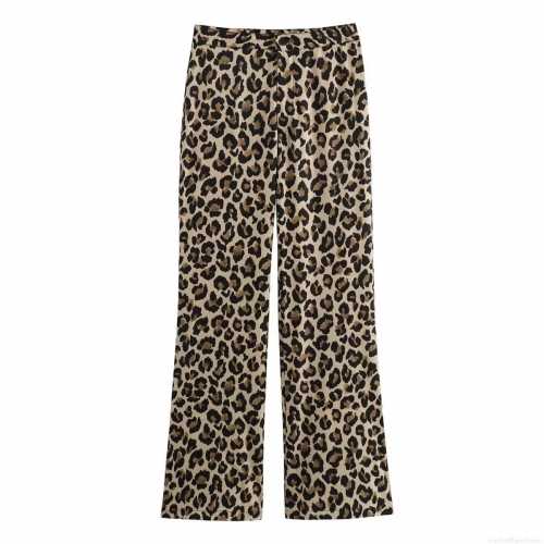 Women's High Waist Leopard Print Straight Leg Pants Casual 100% Polyester Thin Woven Long Trousers Streetwear Fashion For Summer Lady