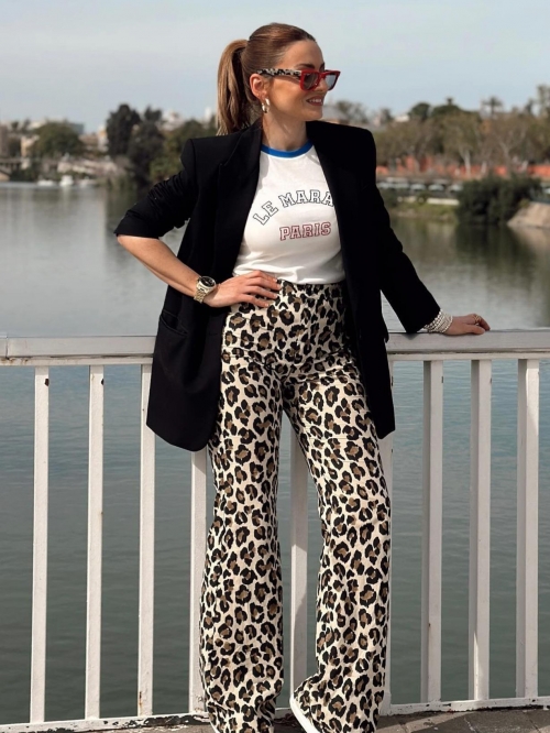 Women Leopard Print High Waisted Straight Leg Pants Casual Polyester Animal Pattern Long Trousers For Streetwear Vacation Autumn Summer Fashion