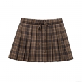 Women's British Preppy Style Plaid Pleated Mini Skirt Retro High Waist A-Line Checkered Short Skirt with Drawstring for School Daily Party