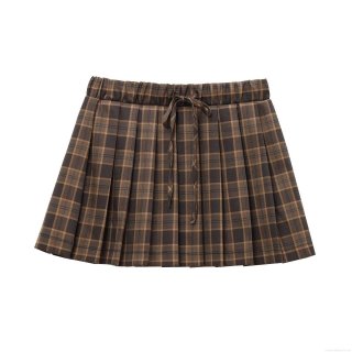 Women's British Preppy Style Plaid Pleated Mini Skirt Retro High Waist A-Line Checkered Short Skirt with Drawstring for School Daily Party