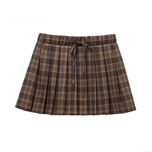 Women's British Preppy Style Plaid Pleated Mini Skirt Retro High Waist A-Line Checkered Short Skirt with Drawstring for School Daily Party