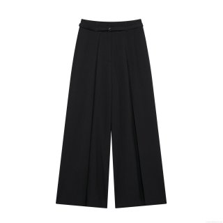 Women Street Fashion Wide Leg Pants With Belt Casual High Waist Solid Black Polyester Straight Trousers For Spring Streetwear Daily Commute Long Pants