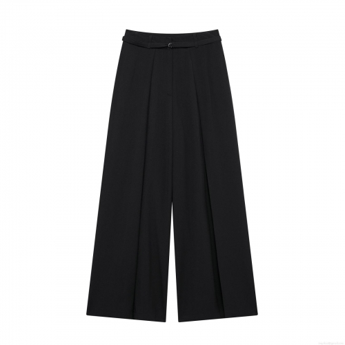 Women Street Fashion Wide Leg Pants With Belt Casual High Waist Solid Black Polyester Straight Trousers For Spring Streetwear Daily Commute Long Pants