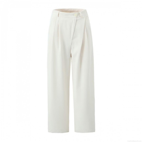 Women's High Waist Straight Leg Trousers Elegant Off-White Solid Color Casual Suit Pants Pleated Wide Leg Trousers For Office Daily Streetwear