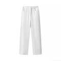 Women High Waisted Straight Leg Pants Metallic Coated Polyester Streetwear Full Length Trousers European Style Solid Color White Casual Pants