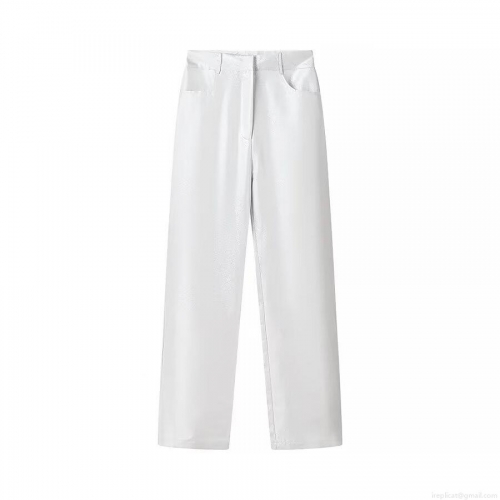 Women High Waisted Straight Leg Pants Metallic Coated Polyester Streetwear Full Length Trousers European Style Solid Color White Casual Pants