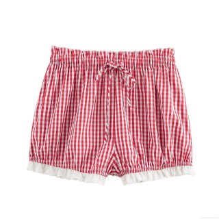 Women Red White Gingham Plaid Shorts Summer Fashion Lace Trim Splicing High Waist Elastic Drawstring Shorts For Casual Daily Beach Wear